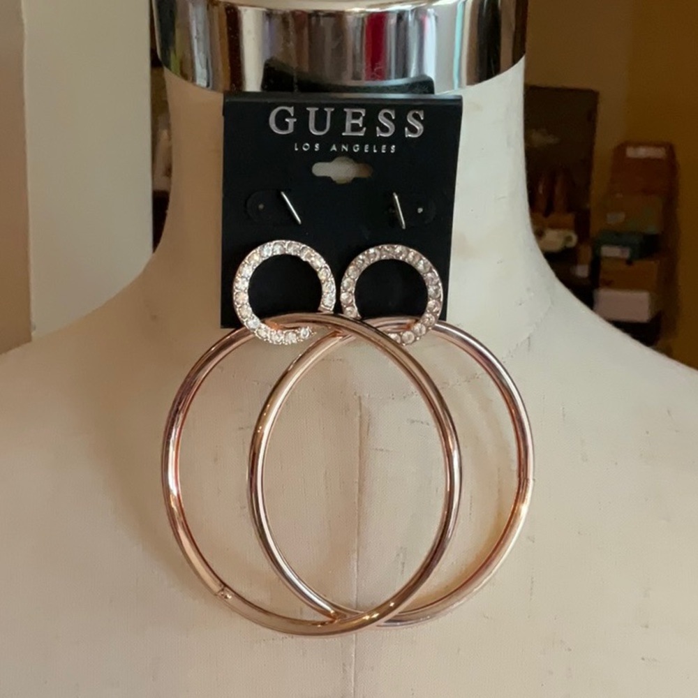 Guess Rose Gold Tone Double Hoop Earrings with Rhinestones, NWT